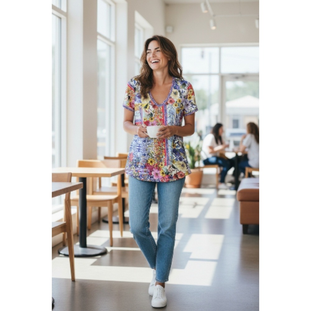 Johnny Was Mosaic‎ Floral Print V Neck Short Sleeve Tunic Top M